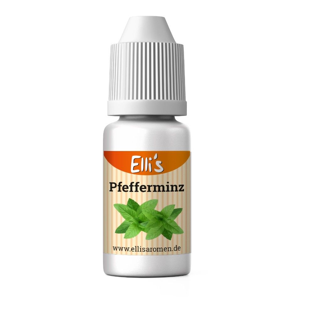 Fläschchen mit weißem Deckel und Etikett. Aufschrift: Elli's Pfefferminz, Abbildung von Minzblättern. www.ellisaromen.de.
