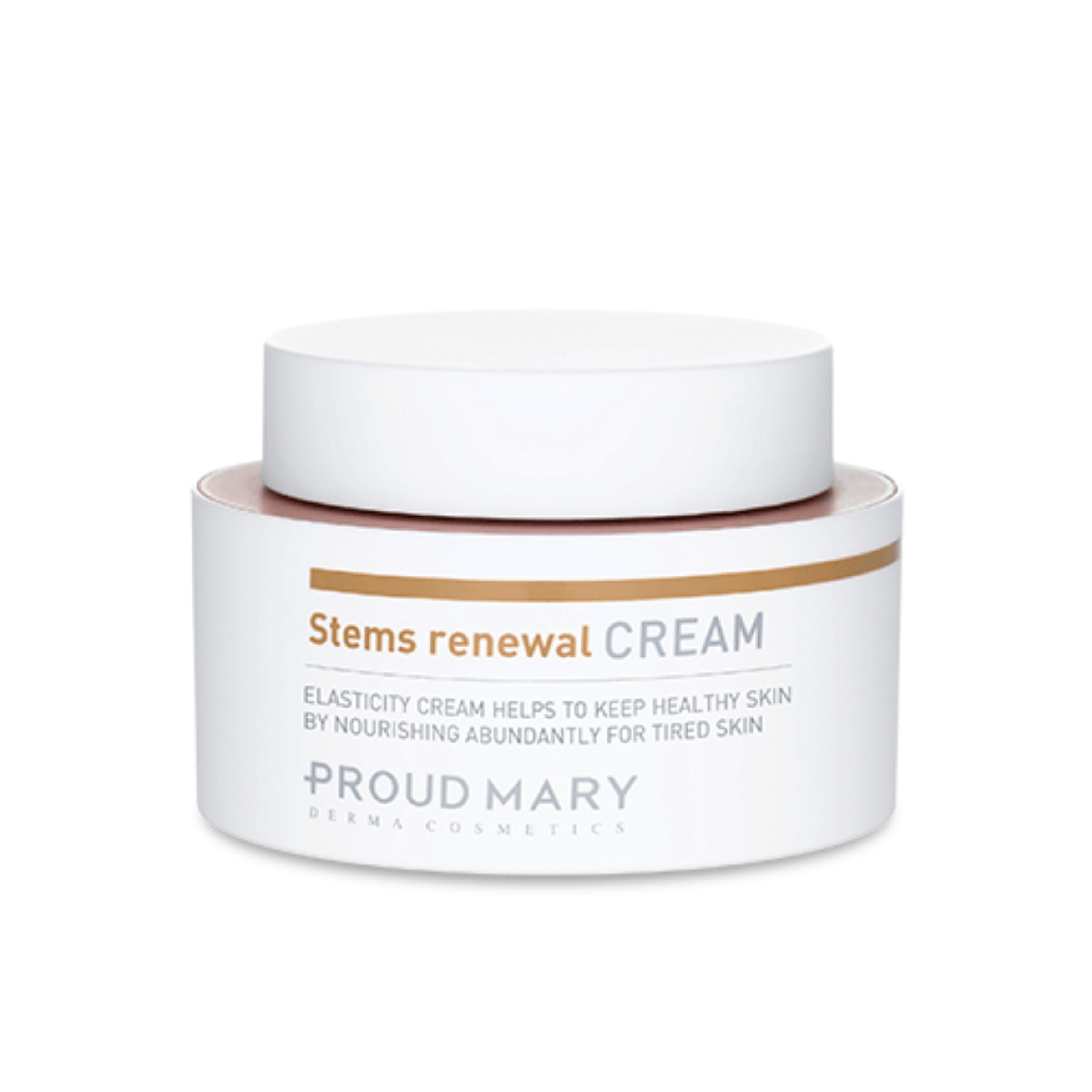 Creme-Tiegel mit Deckel. Aufschrift: Stems renewal CREAM. Text: Elasticity cream helps to keep healthy skin by nourishing abundantly for tired skin. Marke: Proud Mary.