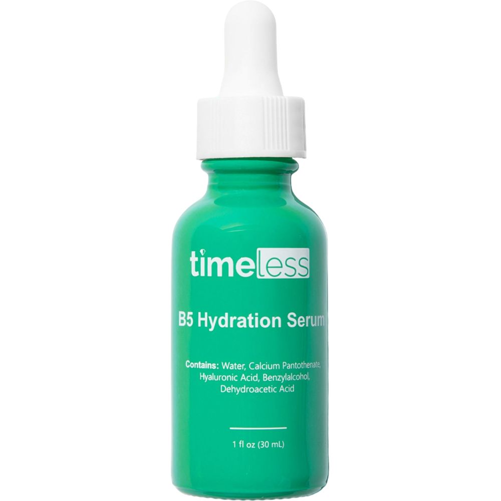 Grüne Flasche mit weißem Deckel. Aufschrift: TIMELESS, B5 Hydration Serum. Enthält Inhaltsstoffe. 1 fl oz (30 ml).