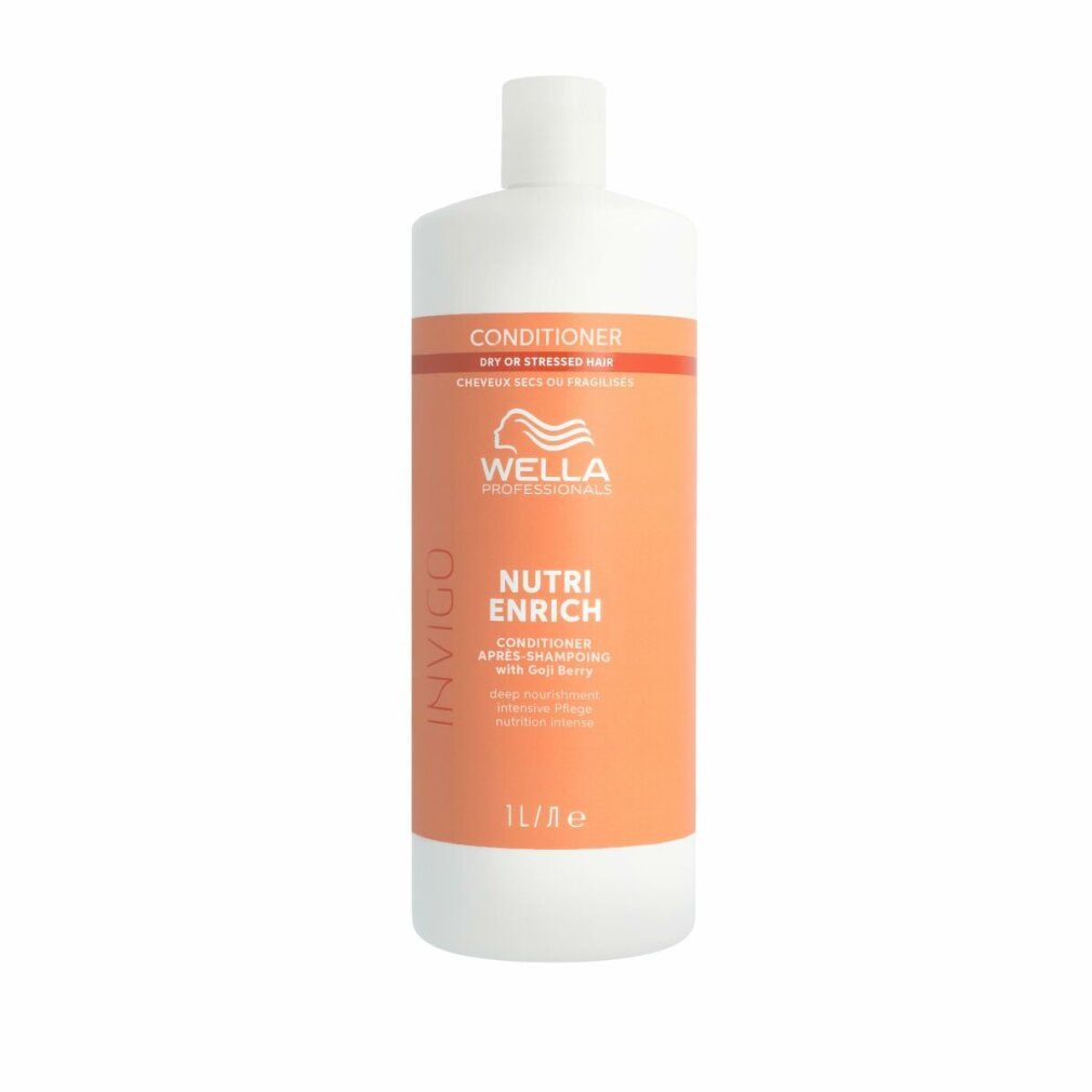 Wella Invigo Nutri-Enrich Conditioner. Flasche mit orangefarbenem Etikett. Text: Conditioner, Invigo, Nutri Enrich, 1L.