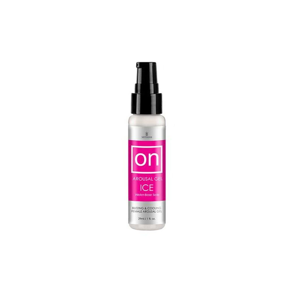 Klarer Flakon mit schwarzem Pumpkopf. Aufschrift "on" in Pink. "Arousal Gel ICE".