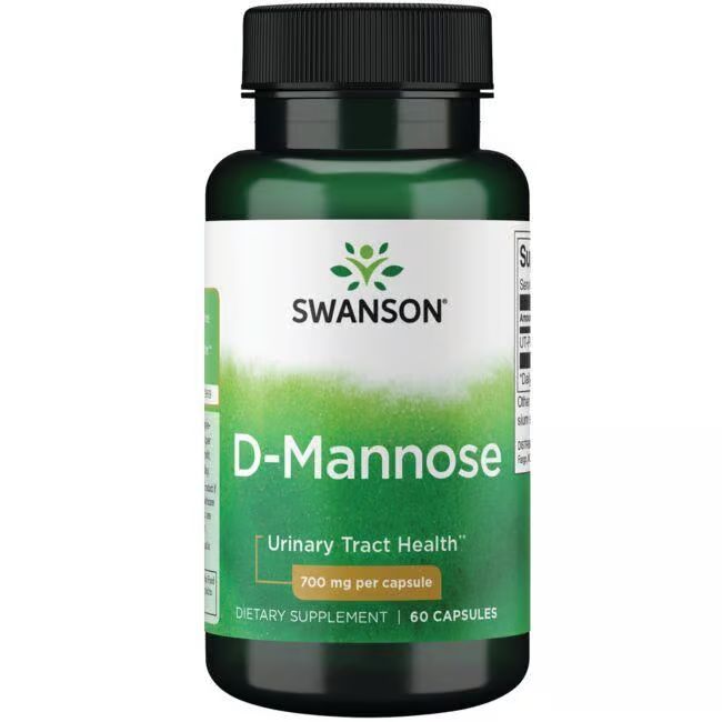 Grüne Flasche mit schwarzem Deckel. Etikett mit "SWANSON", "D-Mannose", "700 mg pro Kapsel" und "60 Kapseln".