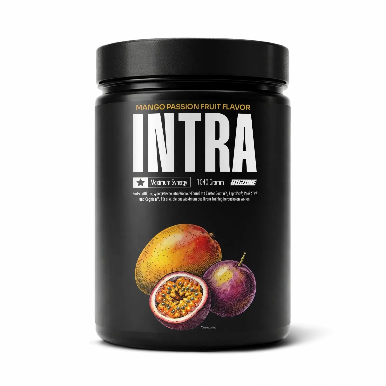 Schwarzer Behälter mit INTRA-Aufschrift, Mango-Passionsfrucht-Geschmack, 1040 Gramm.