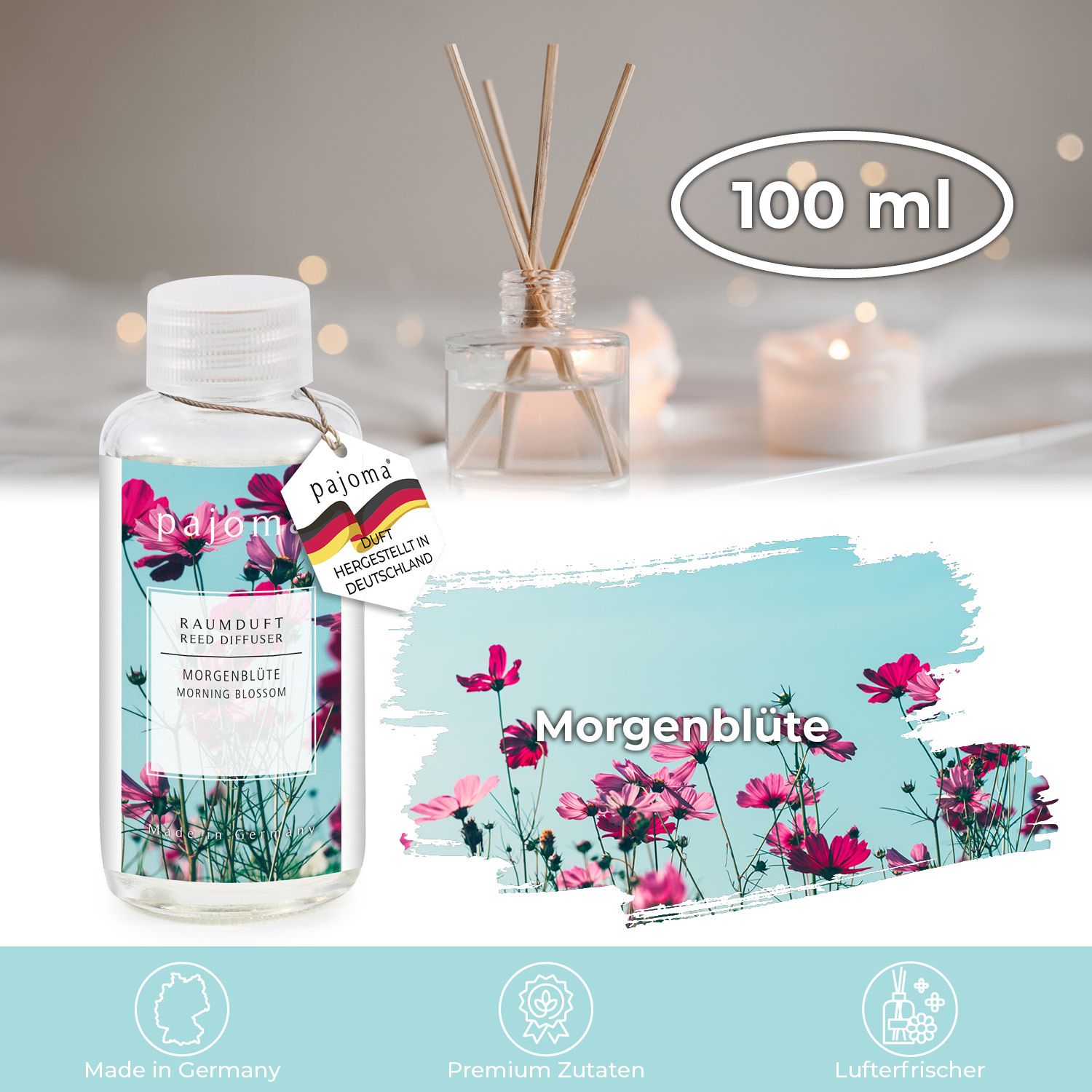 Klarflasche mit Etikett, Morgenblüte-Duft, Stäbchen-Diffusor. Etikett mit Logo, Herkunftsland. Hintergrund: Blumen, Kerzen.