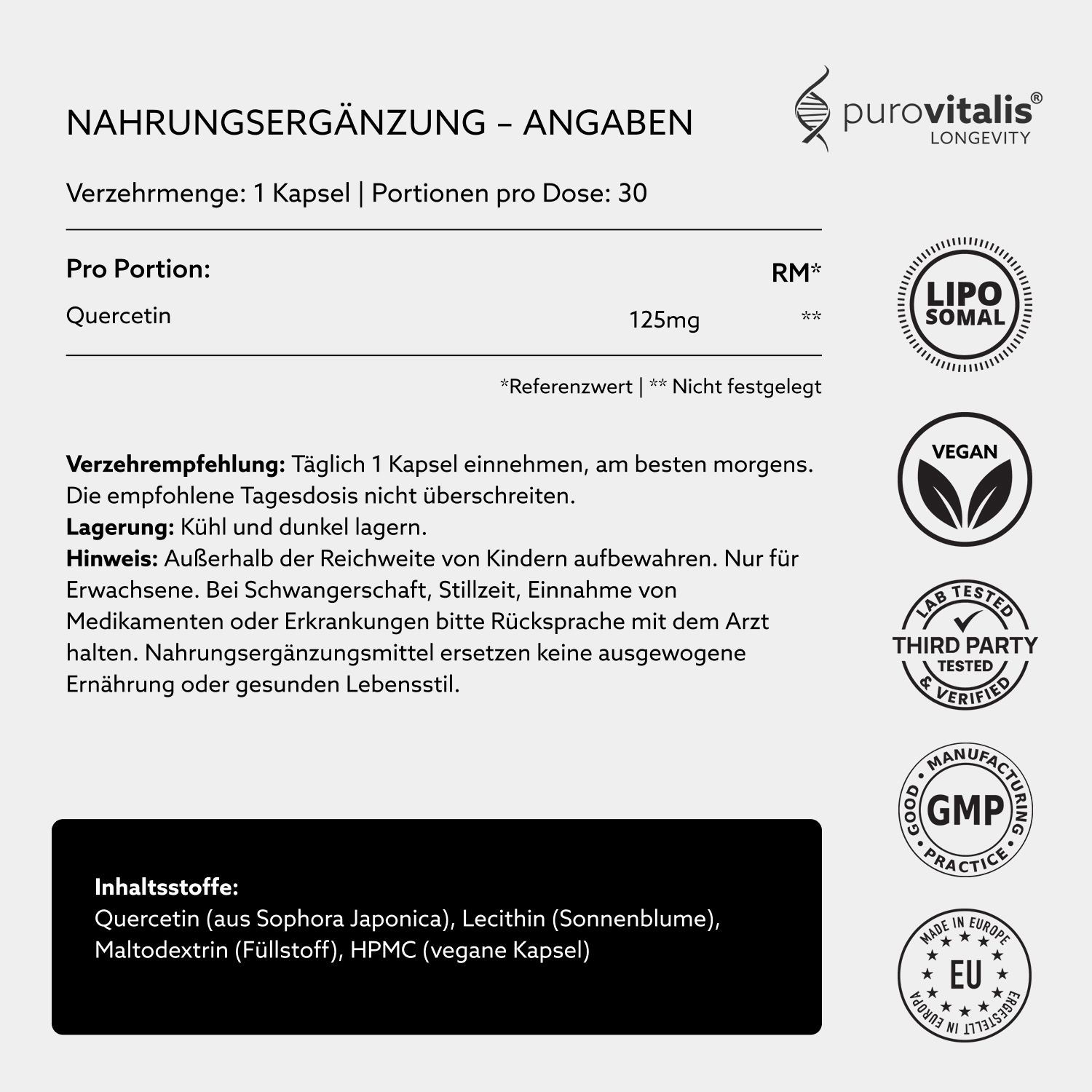 Informationen zu Nahrungsergänzungsmitteln. Enthält: Quercetin 125mg. Vegan, Labor getestet, GMP. Dose mit 30 Kapseln.
