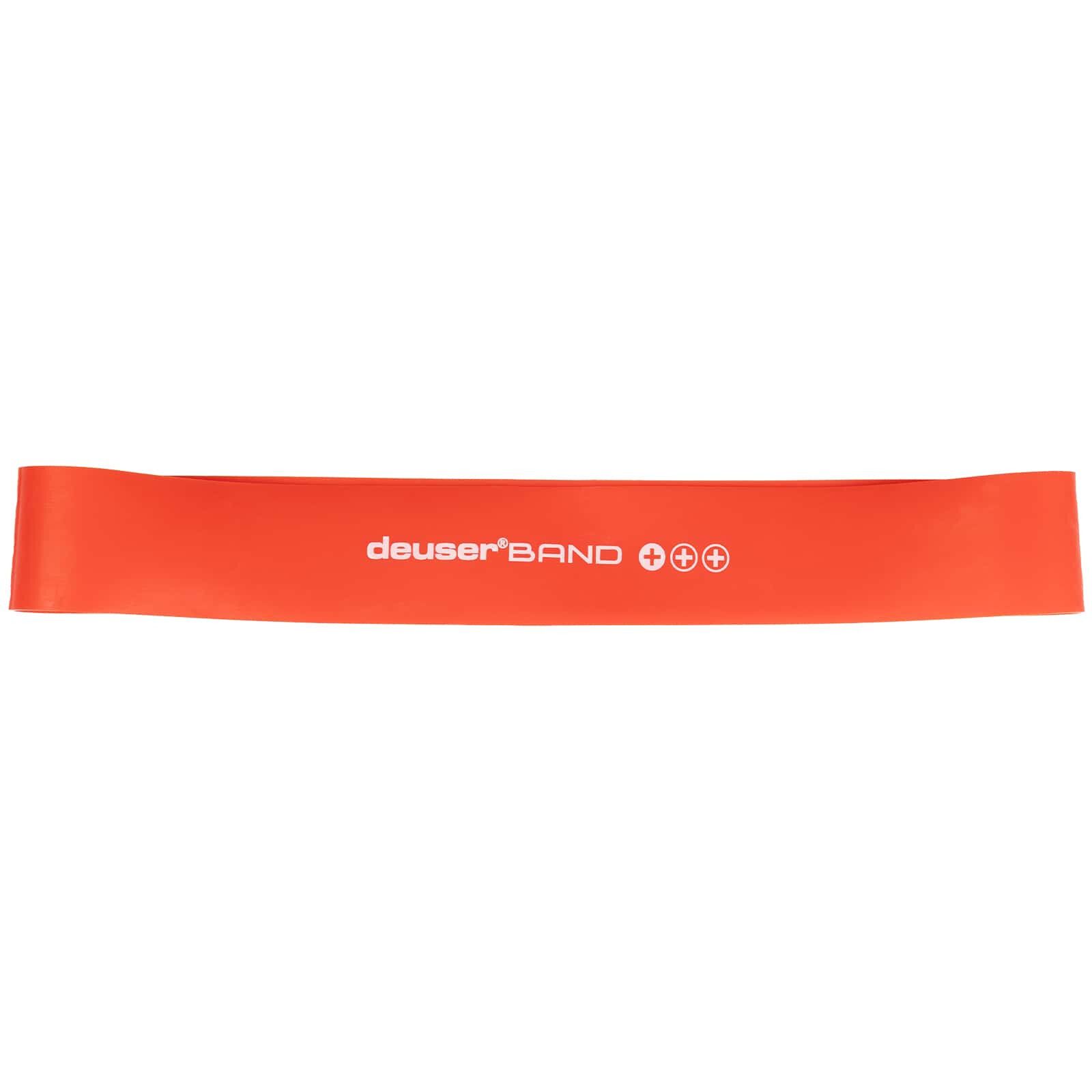 Orangefarbenes Deuser® Band plus, Leicht. Weißer Schriftzug und Symbole. Flaches, rechteckiges Band.