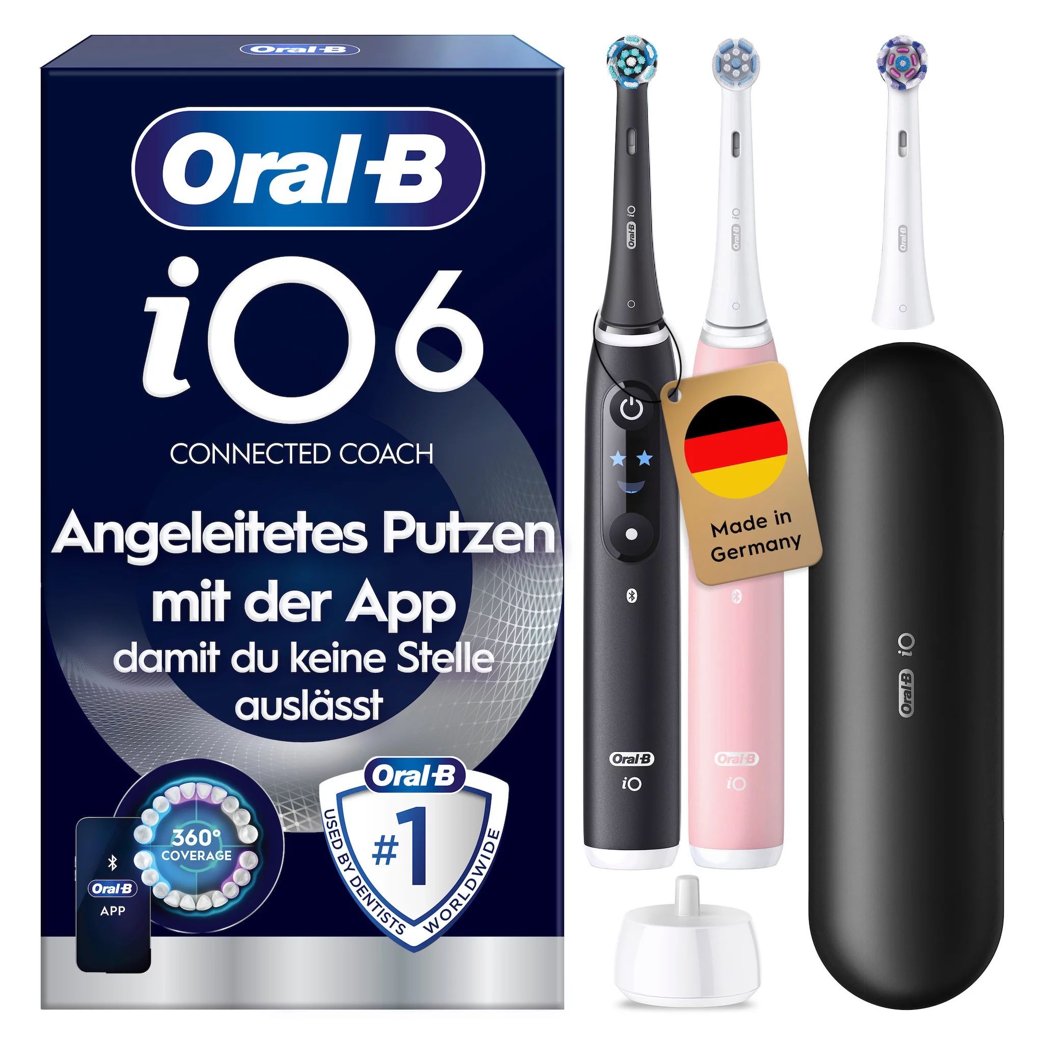 Oral-B iO6 Connected Coach elektrische Zahnbürste in Schwarz und Rosa, mit Ladeetui und Ersatzbürstenkopf. "Made in Germany" Kennzeichnung.
