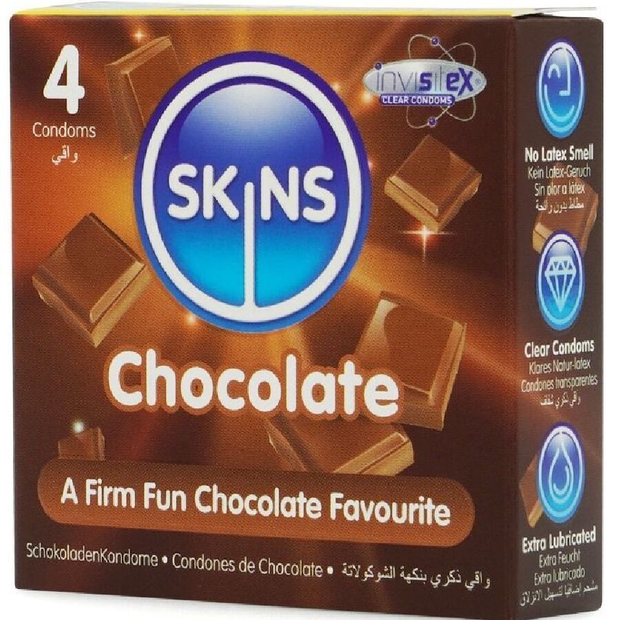 Schachtel mit 4 Kondomen. Aufdruck: SKINS Chocolate, Schokoladenstücke. Text: A Firm Fun Chocolate Favourite.