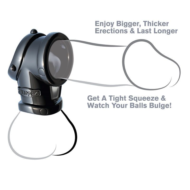 Schwarzer Cockring mit Ball-Stretcher. Grafische Darstellung eines Penis und Hoden. Text: Enjoy Bigger, Thicker Erections & Last Longer.