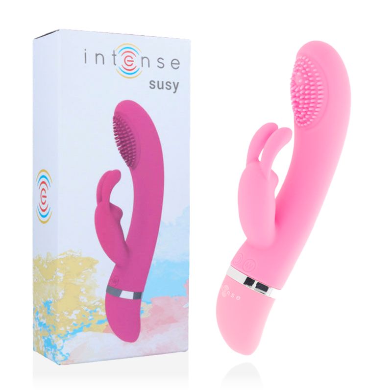 Produkt und Verpackung. Rosa Vibrator mit Hasenohren und strukturiertem Kopf. Verpackung mit Aufschrift 'intense susy'.