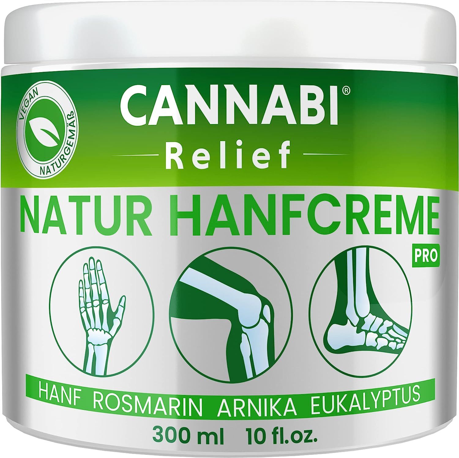 Creme-Dose mit grünem Deckel. Aufschrift: CANNABi Relief, Natur Hanfcreme Pro. Vegan-Siegel. Illustrationen von Hand, Knie und Fuß.