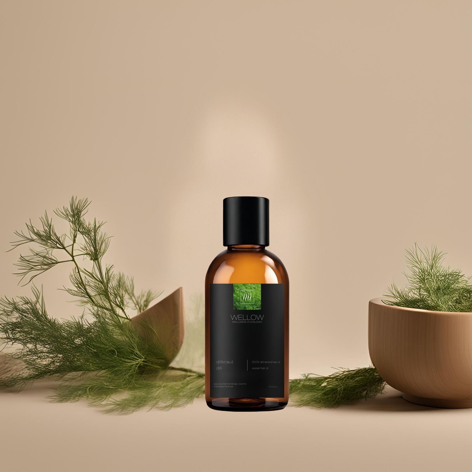 Braune Glasflasche mit schwarzem Deckel und Etikett. Aufschrift: Wellow. Im Hintergrund: Holzschalen und Dillkraut.