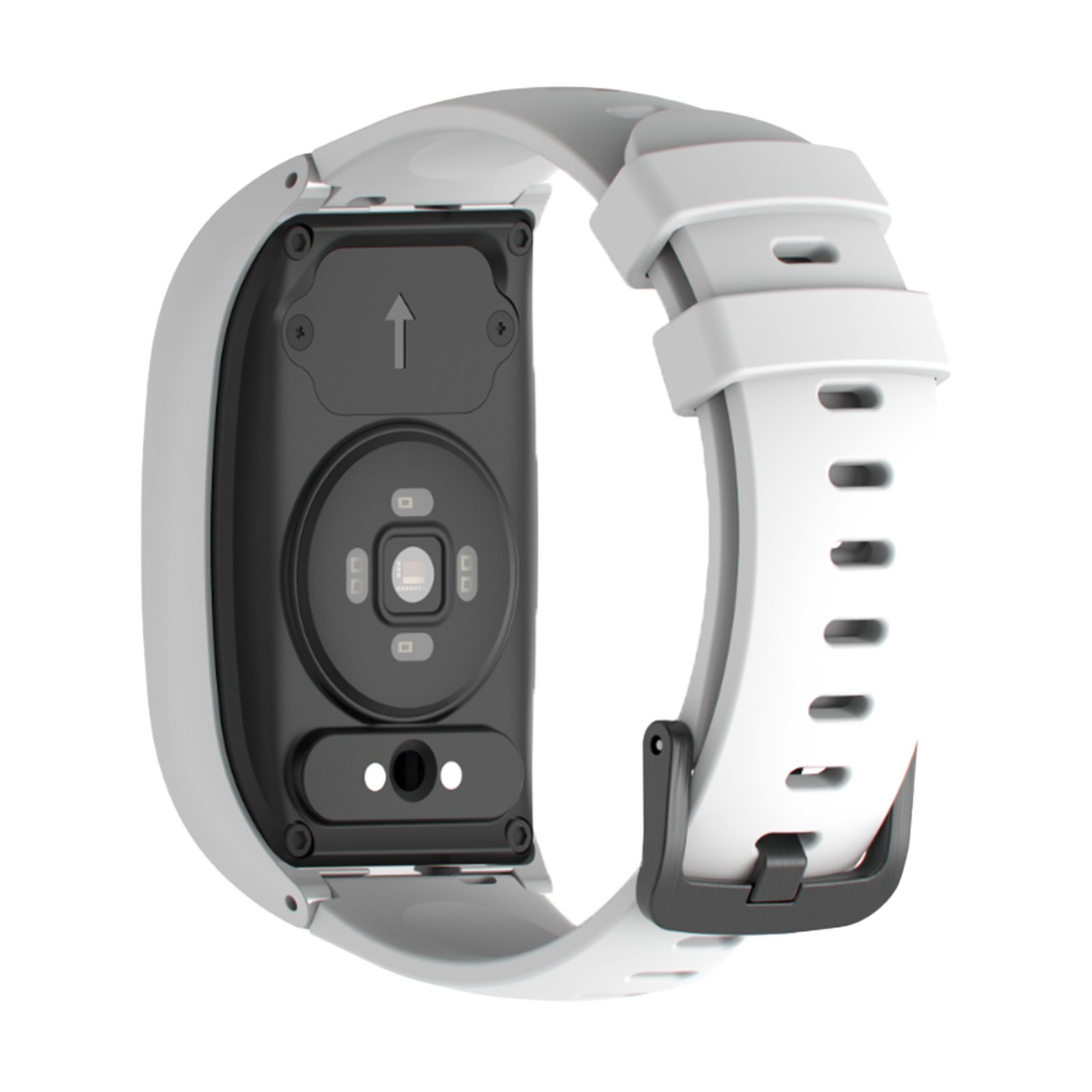 Rückseite einer weißen Smartwatch mit Herzfrequenzsensor und Ladekontakten.