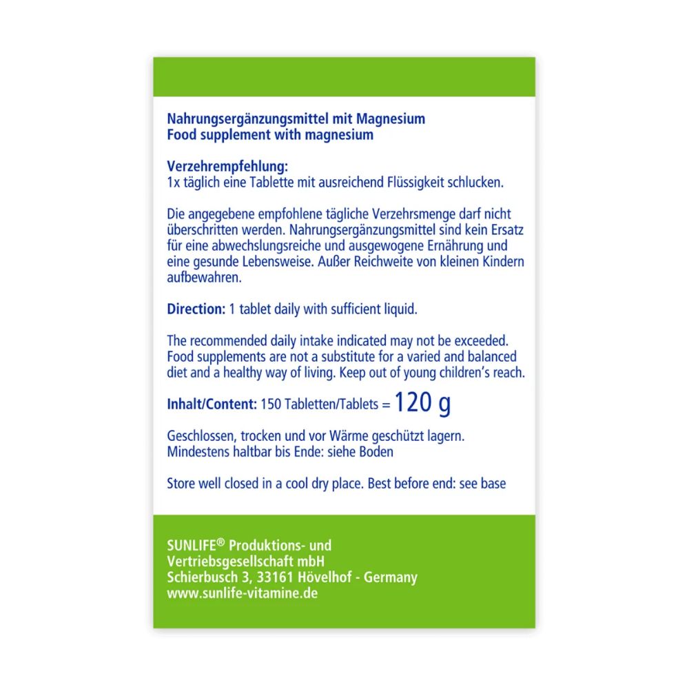 Rückseite der Sunlife Magnesium 300 Tabletten-Verpackung. Text: Nahrungsergänzungsmittel mit Magnesium. Inhalt: 150 Tabletten.