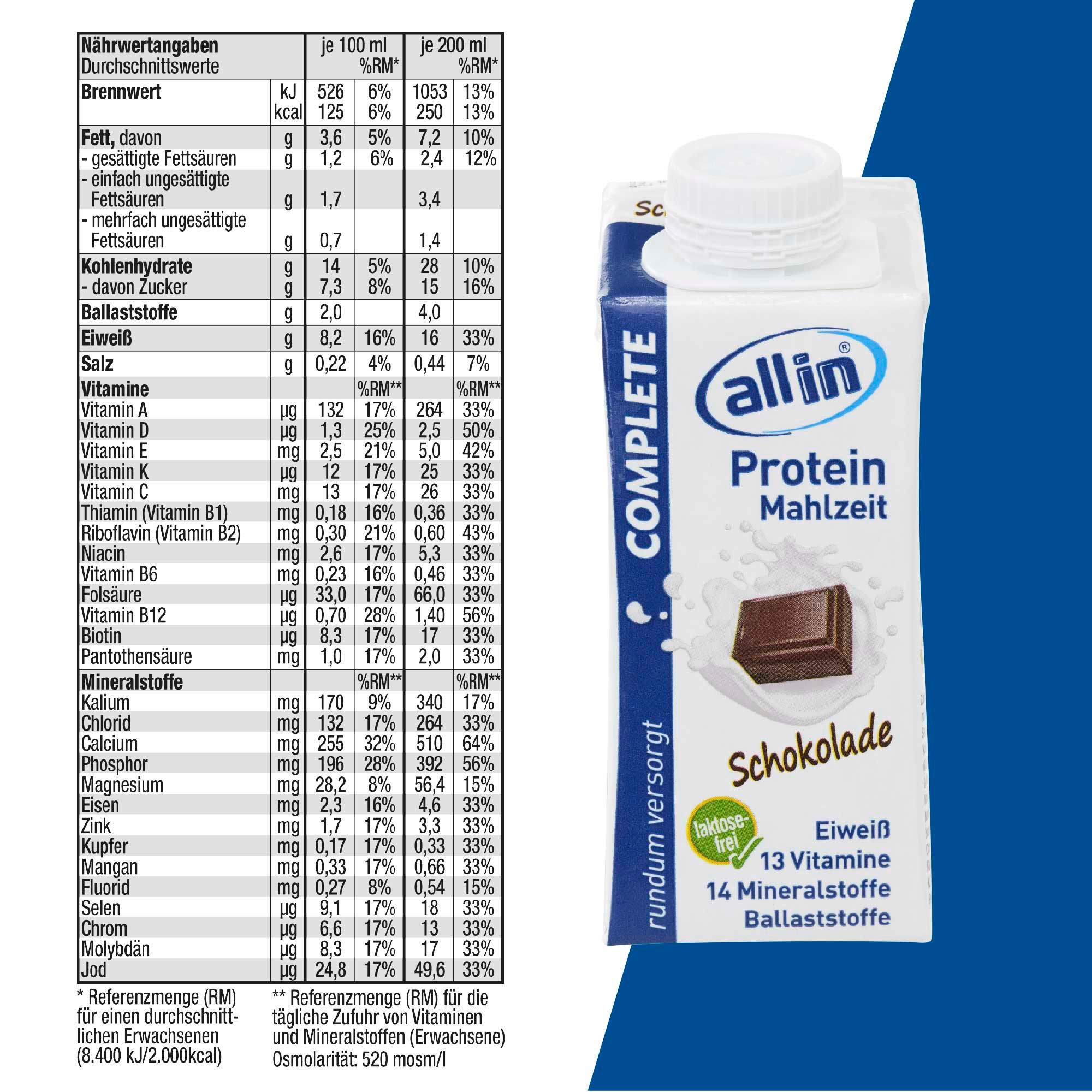 ALLIN COMPL PROT Schokolade: Trinkmahlzeit mit 13 Vitaminen, 14 Mineralstoffen, Ballaststoffen.