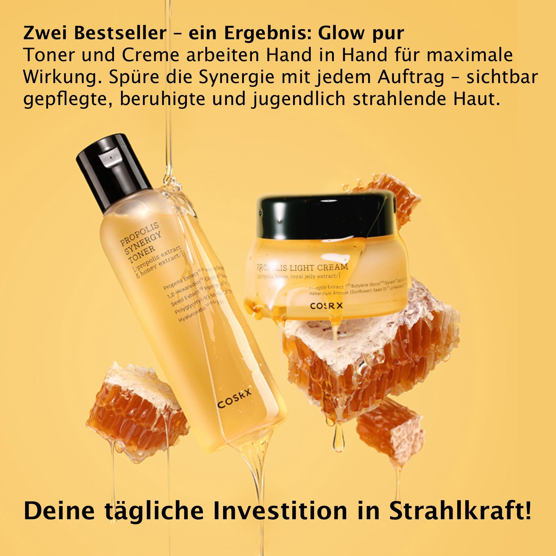 Toner- und Cremeflasche mit Honigwaben. Aufschrift: Propolis Synergy Toner, Propolis Light Cream. Gelber Hintergrund.
