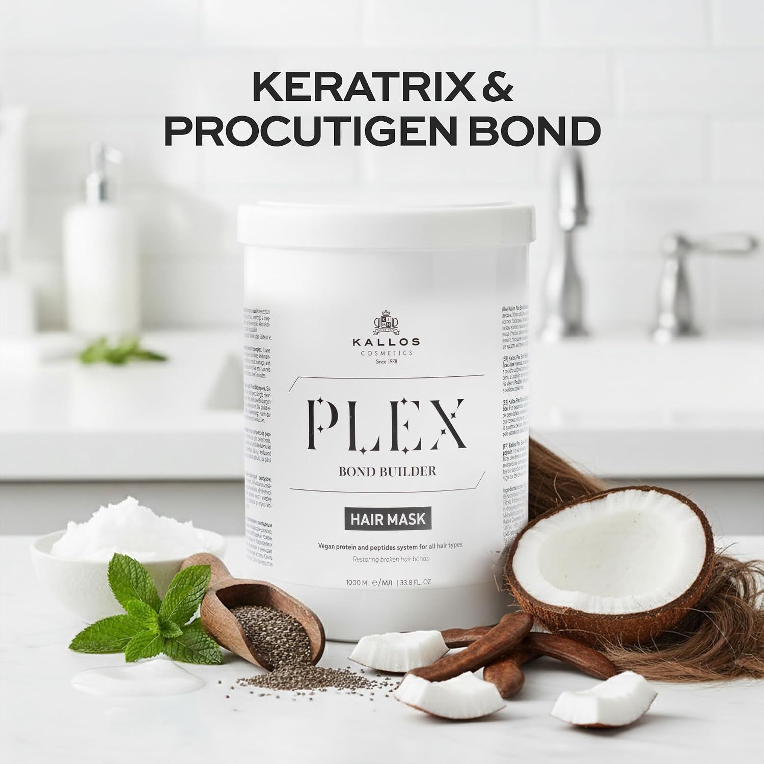 Kallos Plex Bond Builder Haarkur mit Kokosnuss, Minze und Chiasamen.