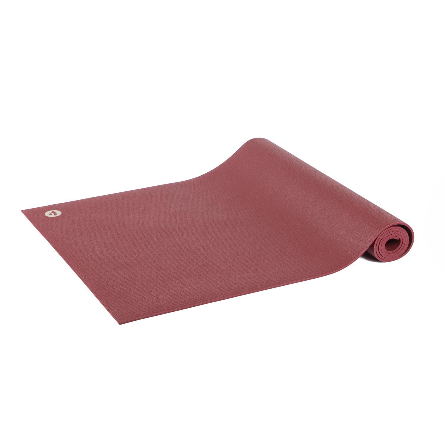 Bordeauxfarbene Yogamatte, teilweise aufgerollt. Logo in der Ecke sichtbar.