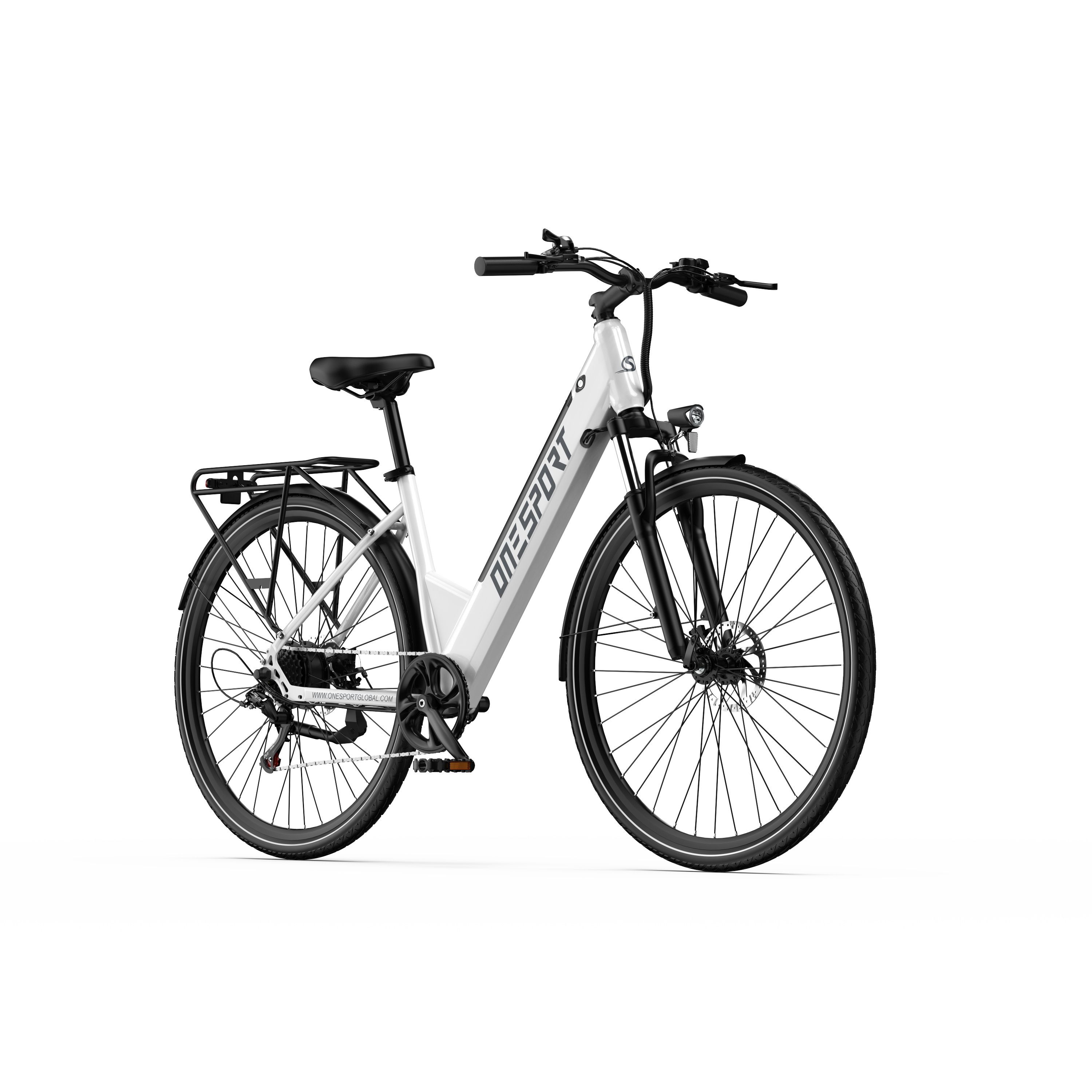 Weißes Elektrofahrrad mit schwarzen Elementen. ONE SPORT-Logo am Rahmen. Gepäckträger hinten.