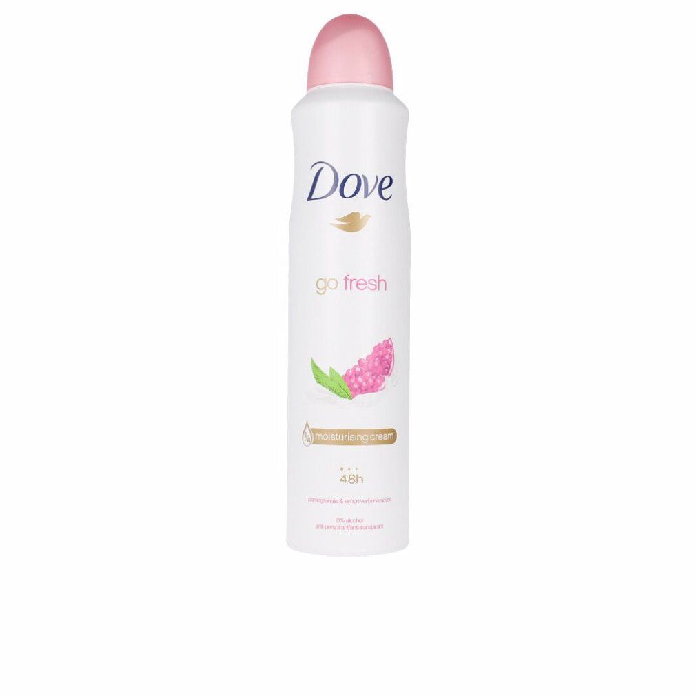 Weißes Deodorant mit rosa Kappe. Aufschrift Dove, go fresh, Granatapfel-Motiv. 48h Schutz.