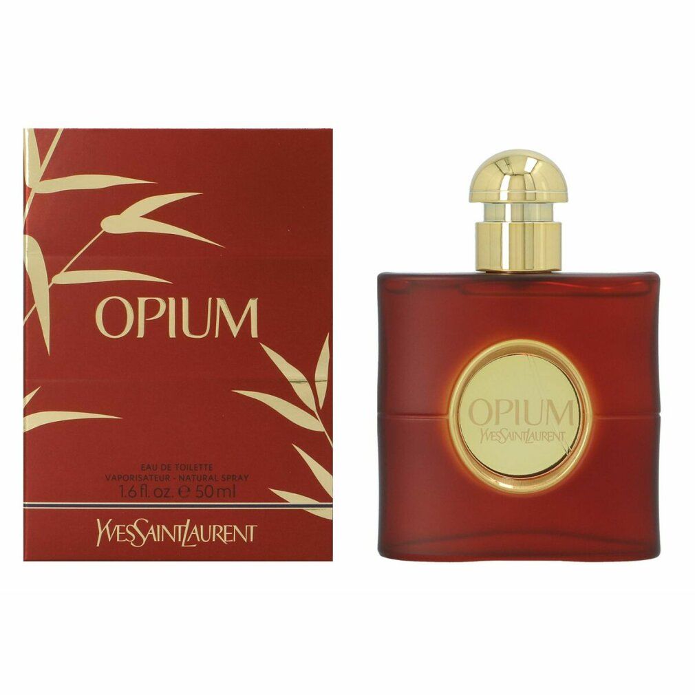 Roter Flakon und Verpackung. Auf dem Flakon und der Verpackung steht "OPIUM" und "Yves Saint Laurent".