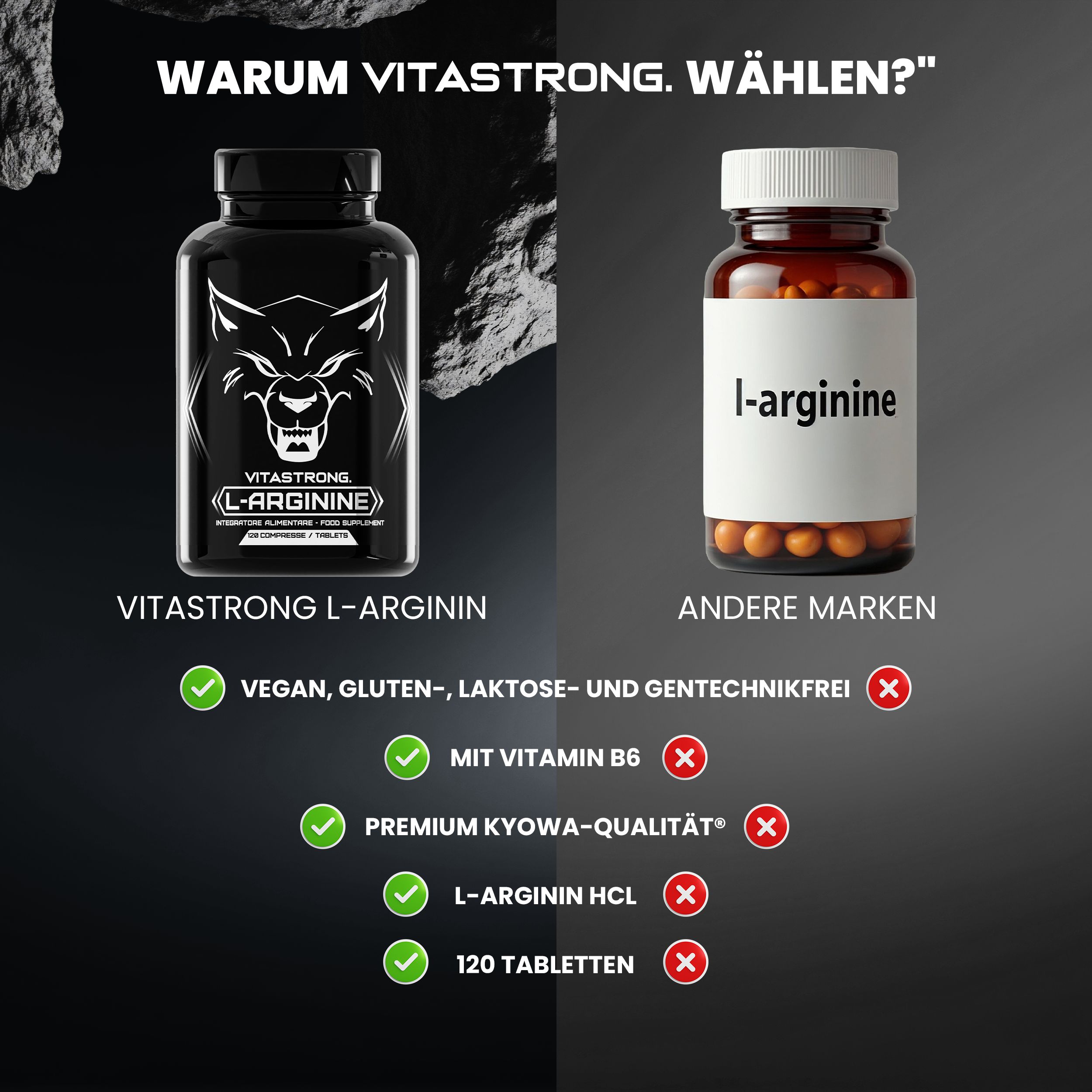 Vergleich Vitastrong L-Arginin und andere Marken. Grüne Haken, rote Kreuze. Text: Warum Vitastrong wählen?