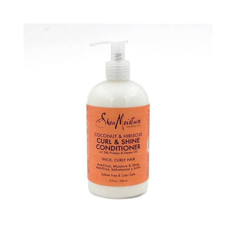 Flasche mit Spenderpumpe, Shea Moisture Kokosnuss & Hibiskus Curl & Shine Conditioner für dickes, lockiges Haar.