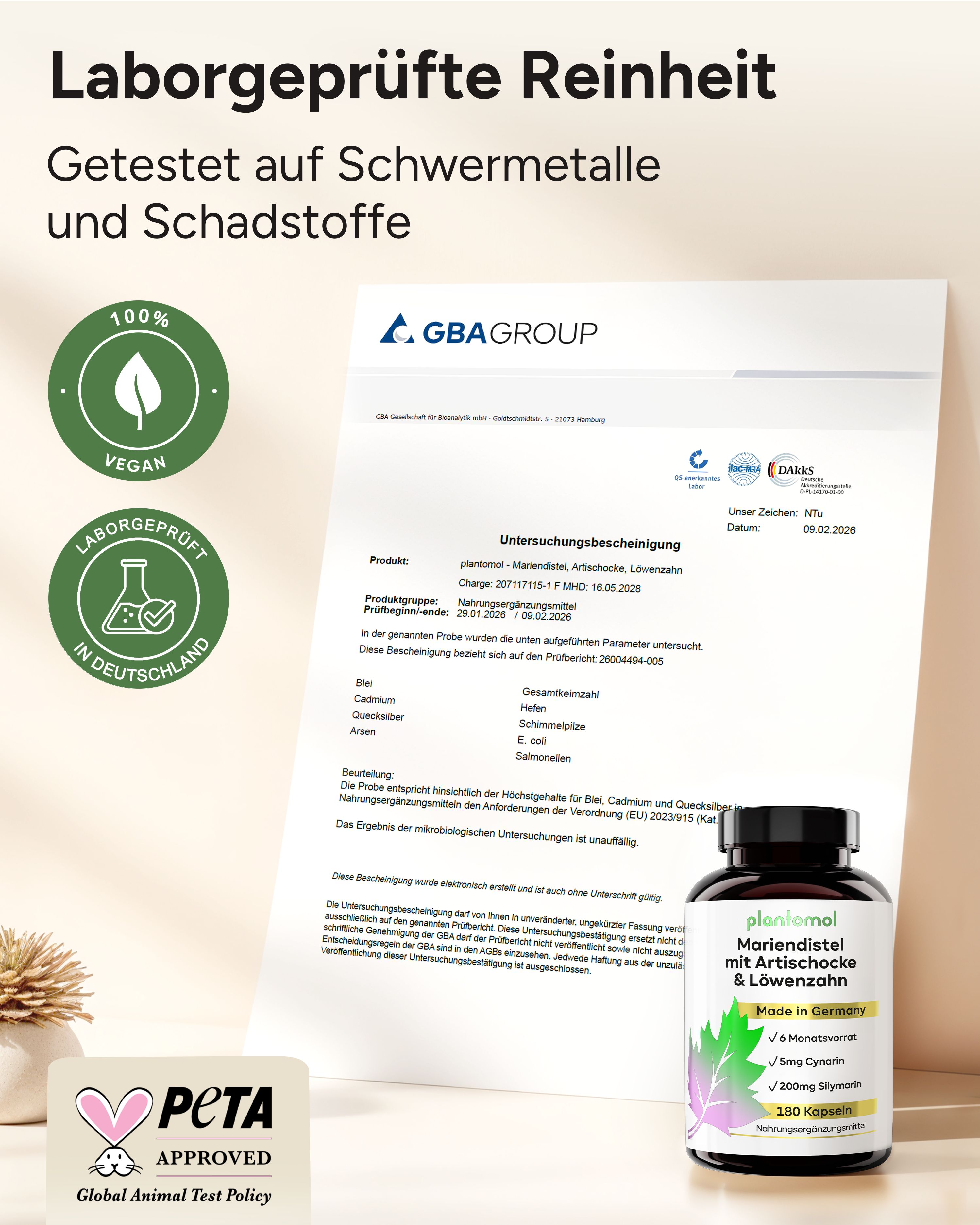 Zertifikate: 100% Vegan, Laborgeprüft in Deutschland, PETA Approved. Flasche mit Kapseln. Aufschrift: plantomol Mariendistel mit Artischocke & Löwenzahn.
