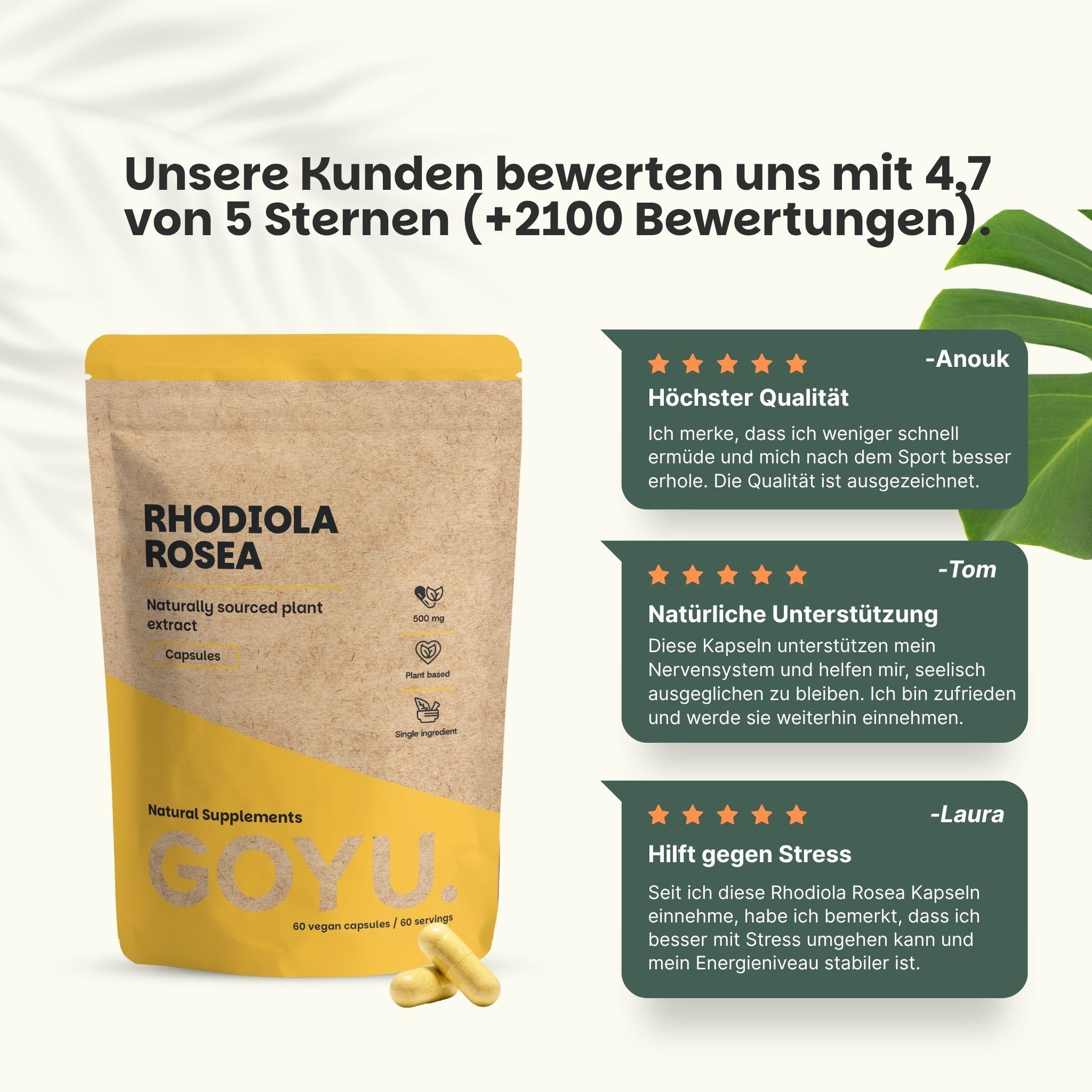 Beutel mit Kapseln und Kundenbewertungen. Text: Kunden bewerten uns mit 4,7 von 5 Sternen. Top Qualität, natürliche Unterstützung.