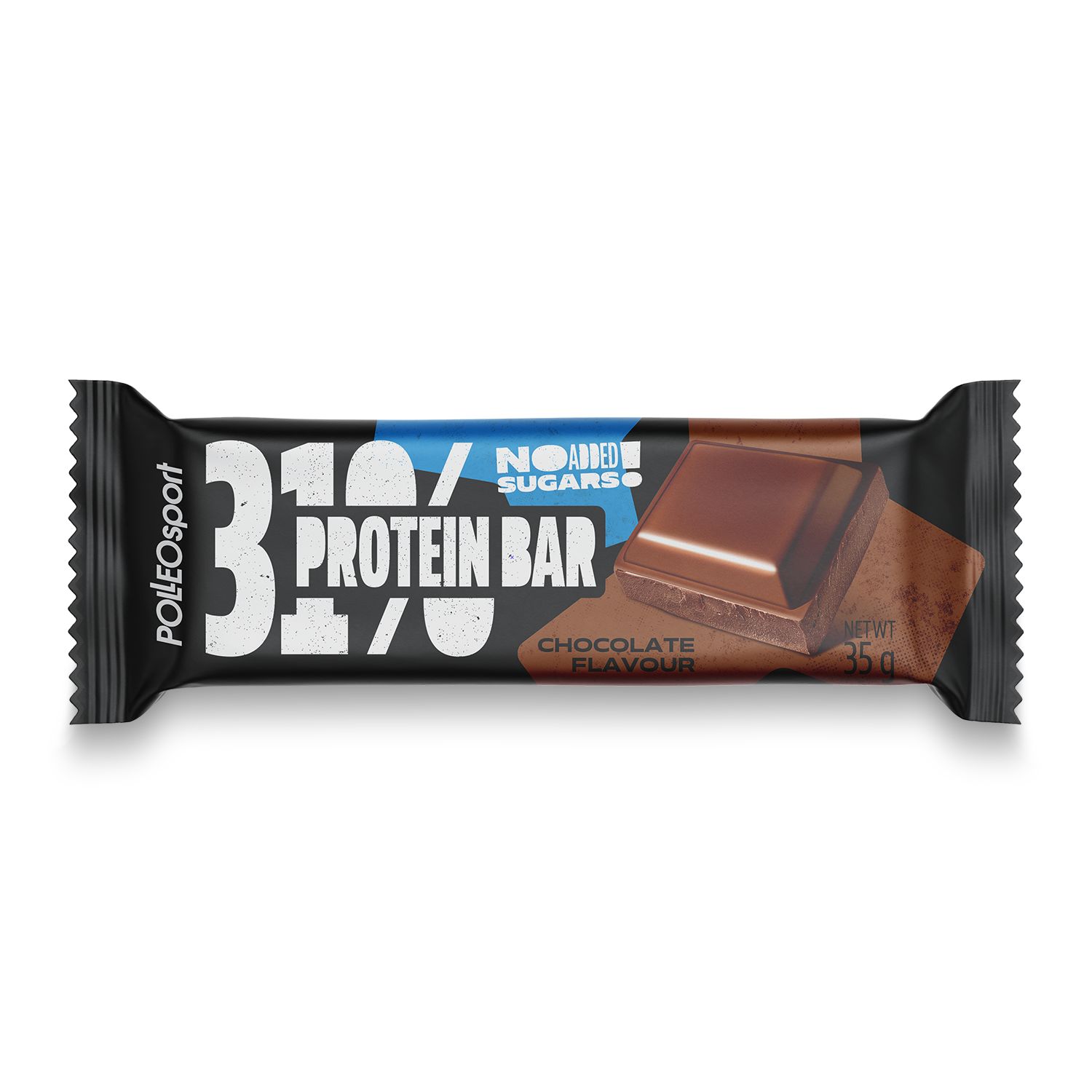 Schwarze Proteinriegel-Verpackung mit Logo und Aufschrift '31% Protein Bar'. Schokoladenstück abgebildet. 'Chocolate flavour'.