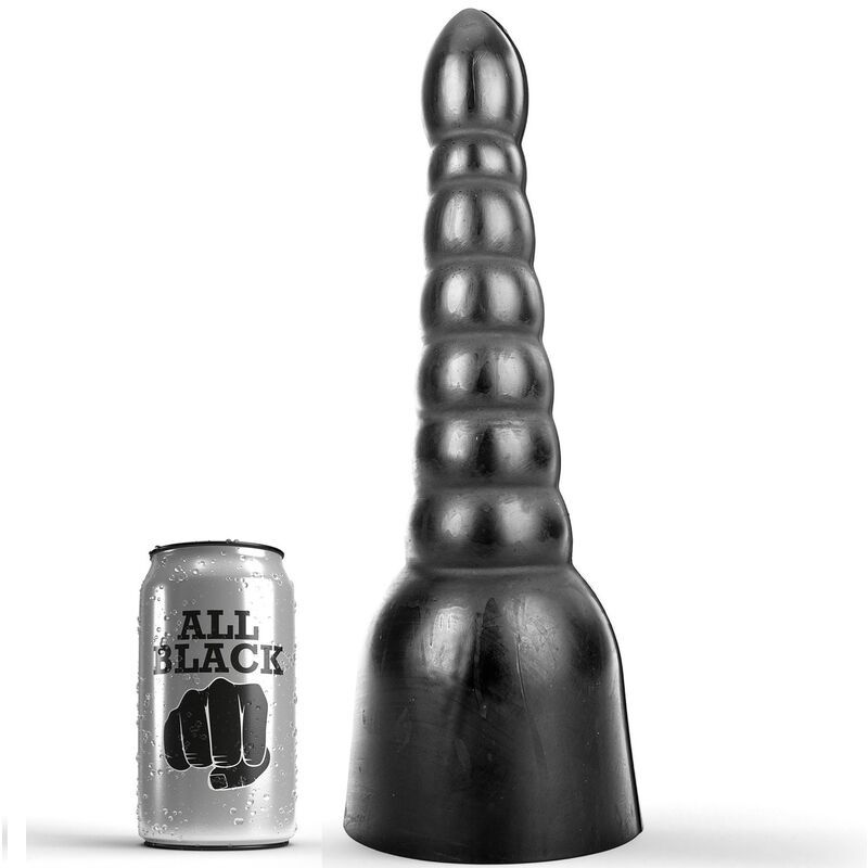 Schwarzer Dildo mit geriffelter Oberfläche. Neben einer Dose mit dem Schriftzug "ALL BLACK".