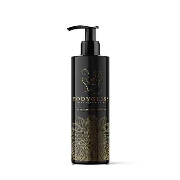 Schwarze Flasche mit Dosierpumpe. Goldfarbenes Logo und Schriftzug. "Silky Soft Gliding" und "Pure Silicone Lubricant" sind sichtbar.