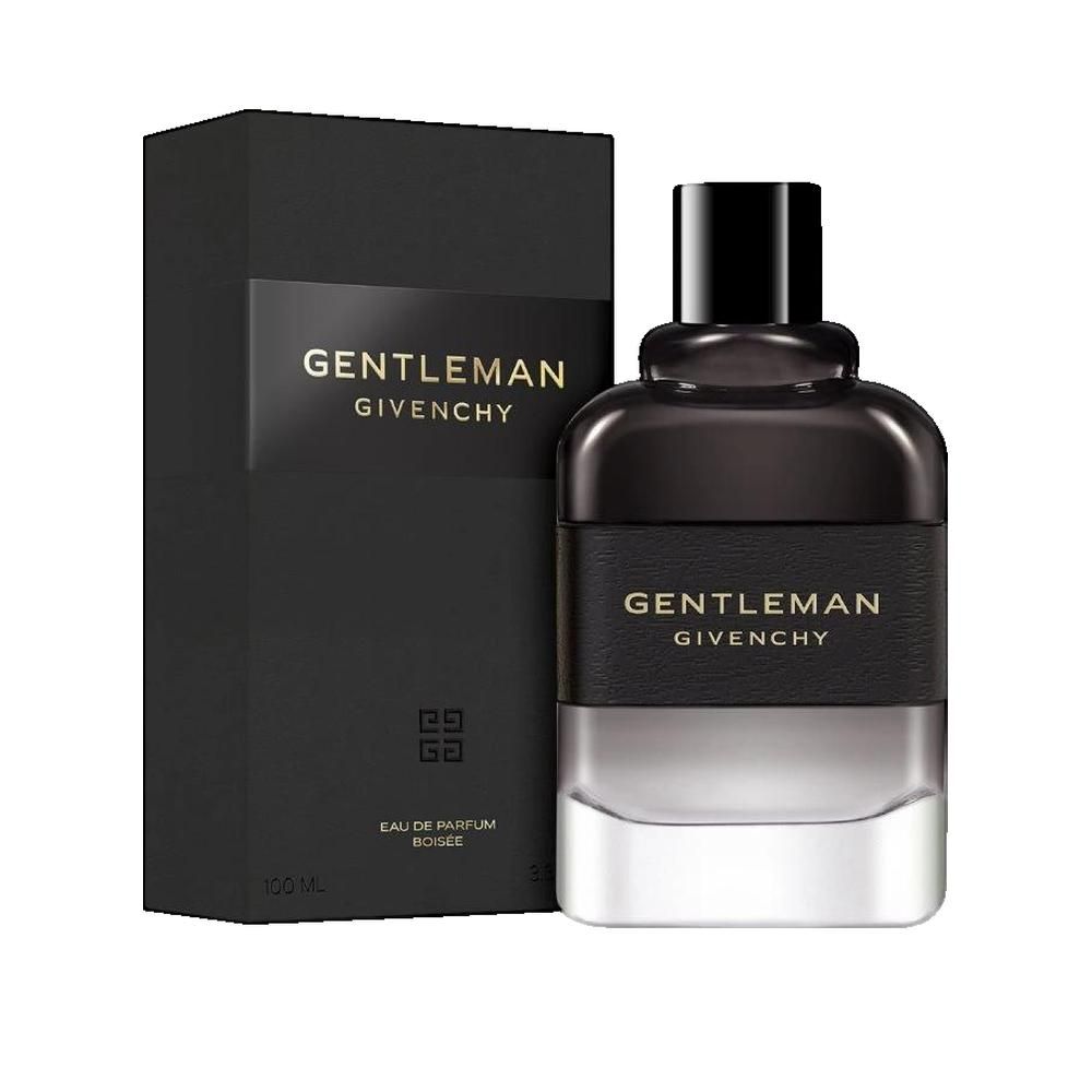 Schwarzer Flakon und Verpackung. Aufschrift: GENTLEMAN GIVENCHY. Flakon mit schwarzem Verschluss. Verpackung mit Logo.