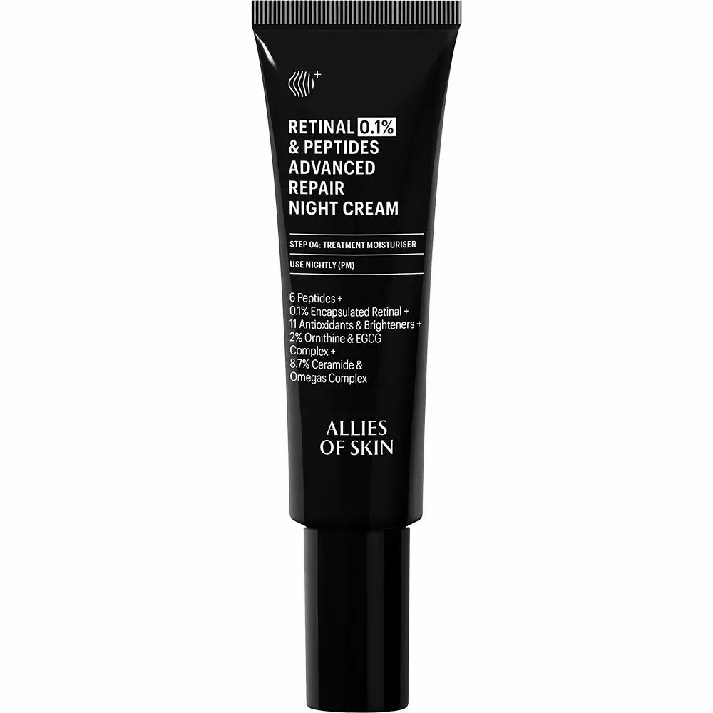 Schwarze Tube mit weißem Text. Retinal 0,1% & Peptide Advanced Repair Nachtcreme. Marke: ALLIES OF SKIN.