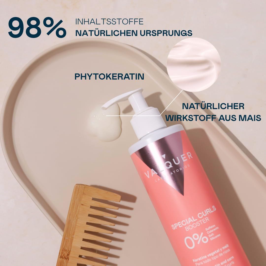 Flasche mit Pumpspender, VALQUER LABORATORIES, Special Curls Booster, Phytokeratin, 98% natürliche Inhaltsstoffe.