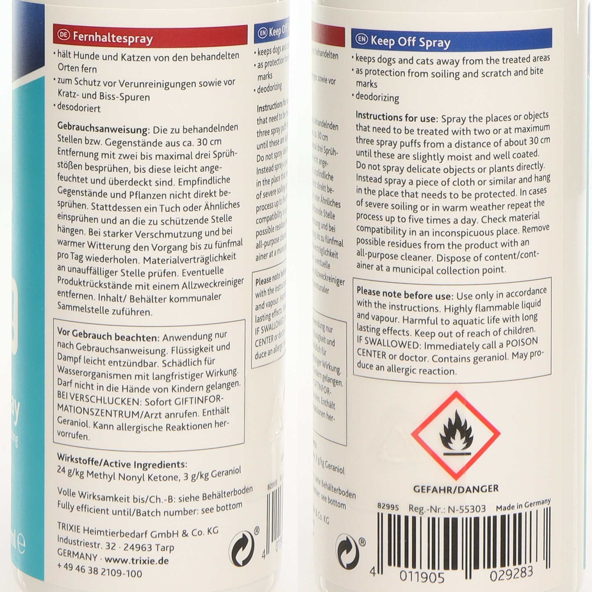 Detailansicht der Rückseite einer Sprühflasche. Text in Deutsch und Englisch. Warnhinweis mit Flammen-Symbol. Barcode.