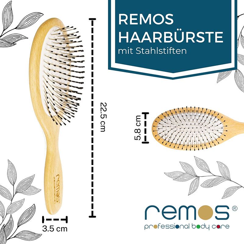 REMOS Haarbürste oval mit Stahlstiften und Noppen, breit