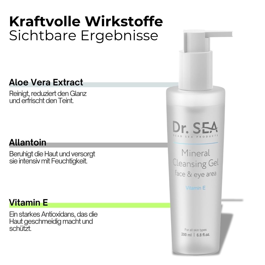 Produktflasche mit Text. Text: Kraftvolle Wirkstoffe, sichtbare Ergebnisse. Dr. Sea, Mineral Cleansing Gel, Face & eye area, Vitamin E.