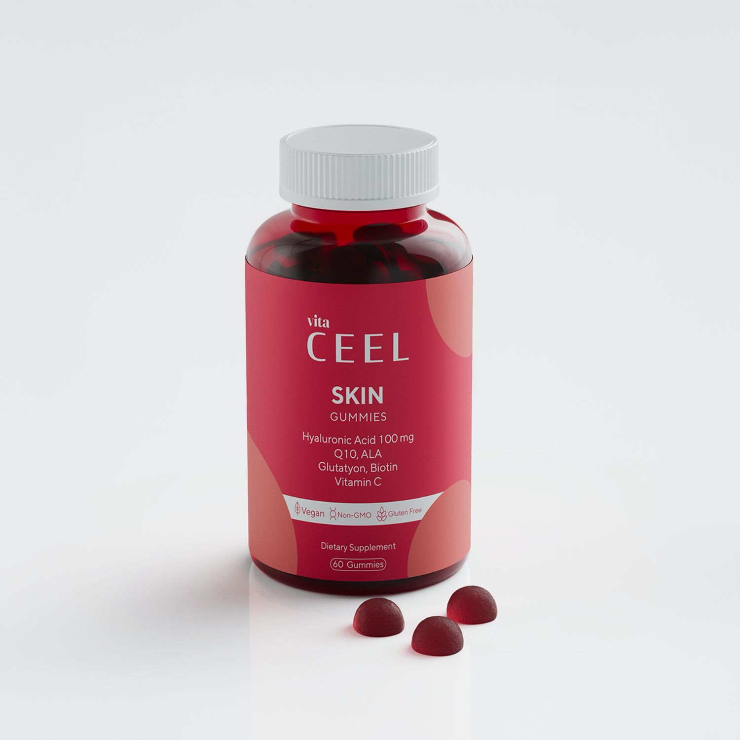 Flasche VITA CEEL Skin Gummis mit drei Gummis davor auf weißem Hintergrund.