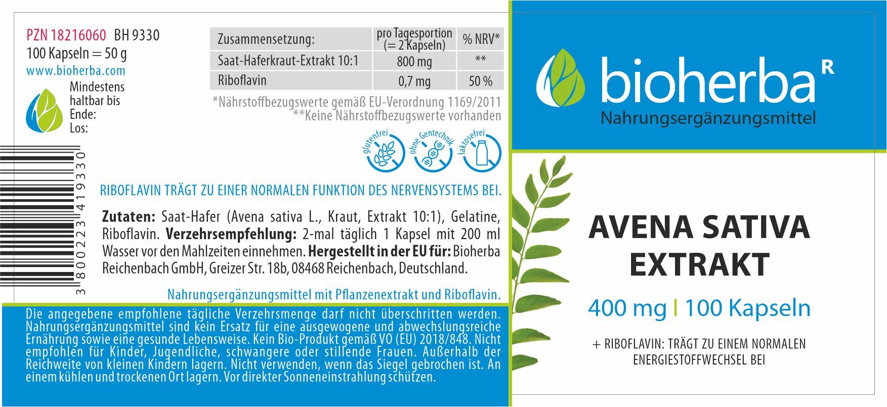 Etikett mit Produktinformationen. "Bioherba"-Logo. "Avena Sativa Extrakt" und "400 mg | 100 Kapseln" Text. Zutatenliste und Nährwertangaben.