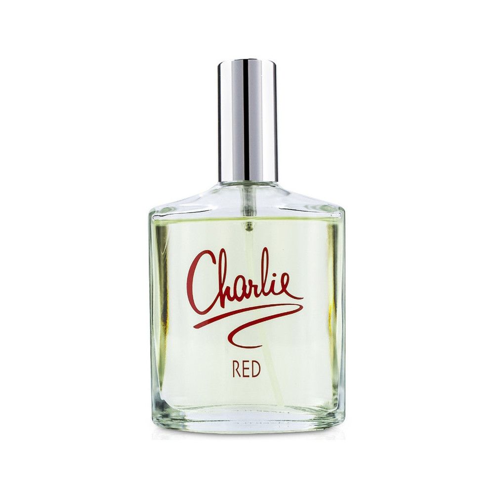 Glasflakon mit silbernem Sprühkopf. Roter Schriftzug "Charlie RED".