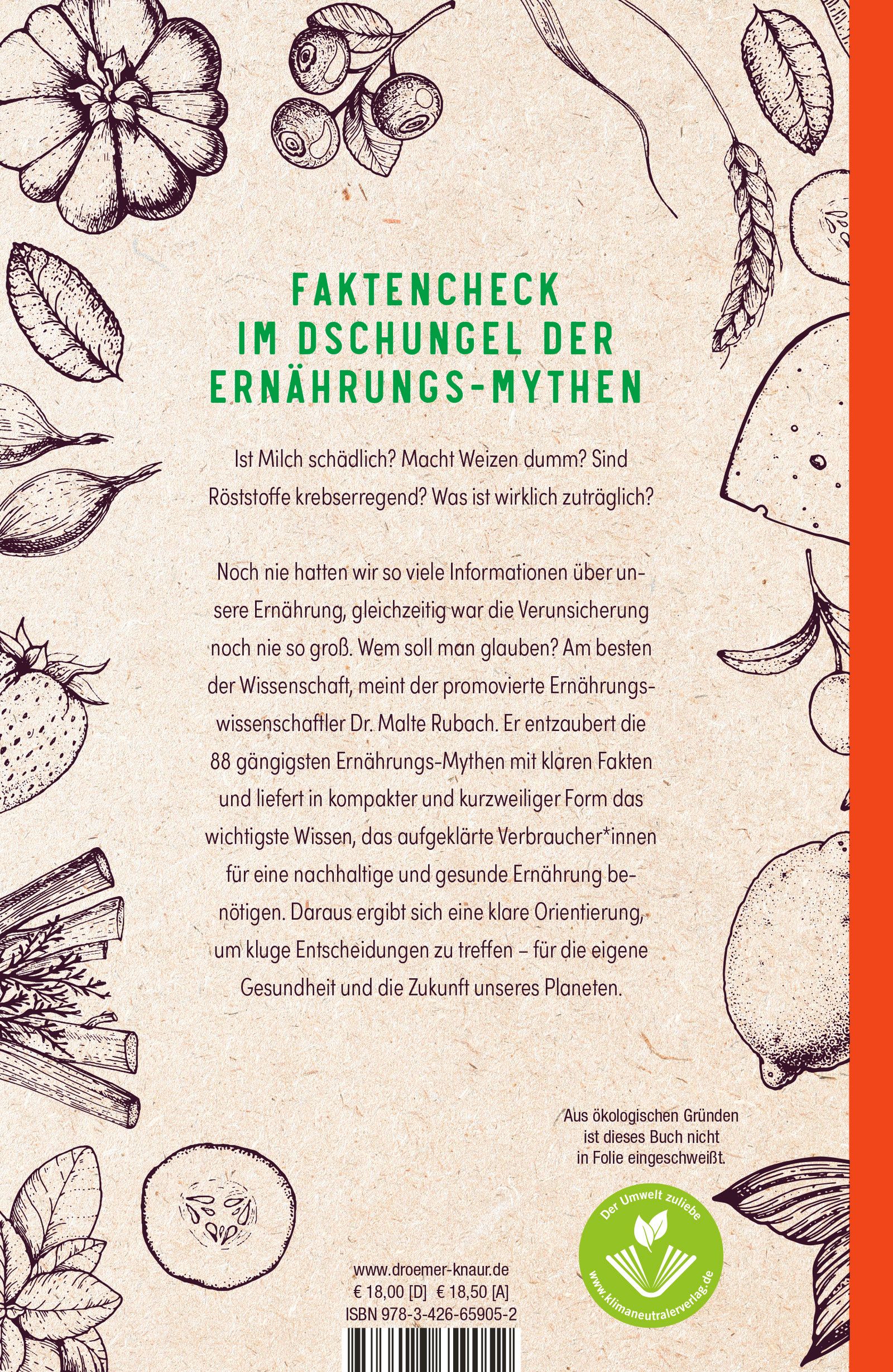 Rückseite des Buches "88 Ernährungs-Mythen". Text über Ernährung. Illustrationen von Lebensmitteln. Verlag: Knaur Menssana. Öko-Siegel.