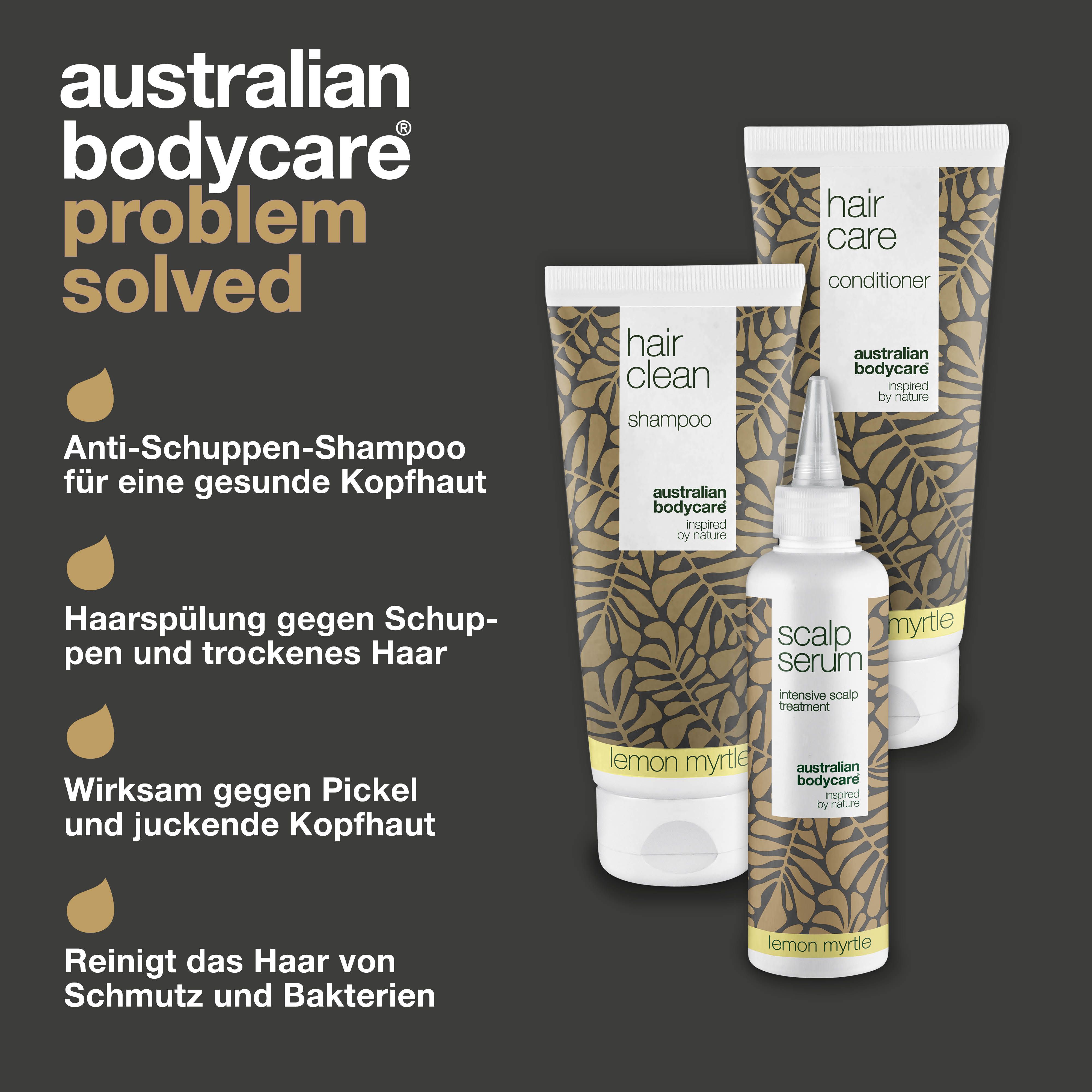 Problem gelöst. Shampoo, Conditioner und Serum. Text: Anti-Schuppen, gegen Pickel, reinigt das Haar. Logo: Australian Bodycare.