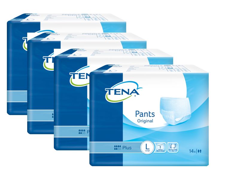 Mehrere Packungen TENA Pants Original Plus, Größe L. Blaue Verpackung mit Produktabbildung und Logo. 14 Stück pro Packung.