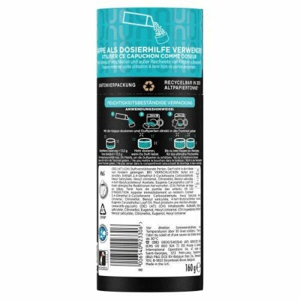 Zylindrische Verpackung. Rückseite mit Anweisungen und Inhaltsstoffen. Text: "RECYCELBAR IN ALTPAPIER". Gewicht: 160g.