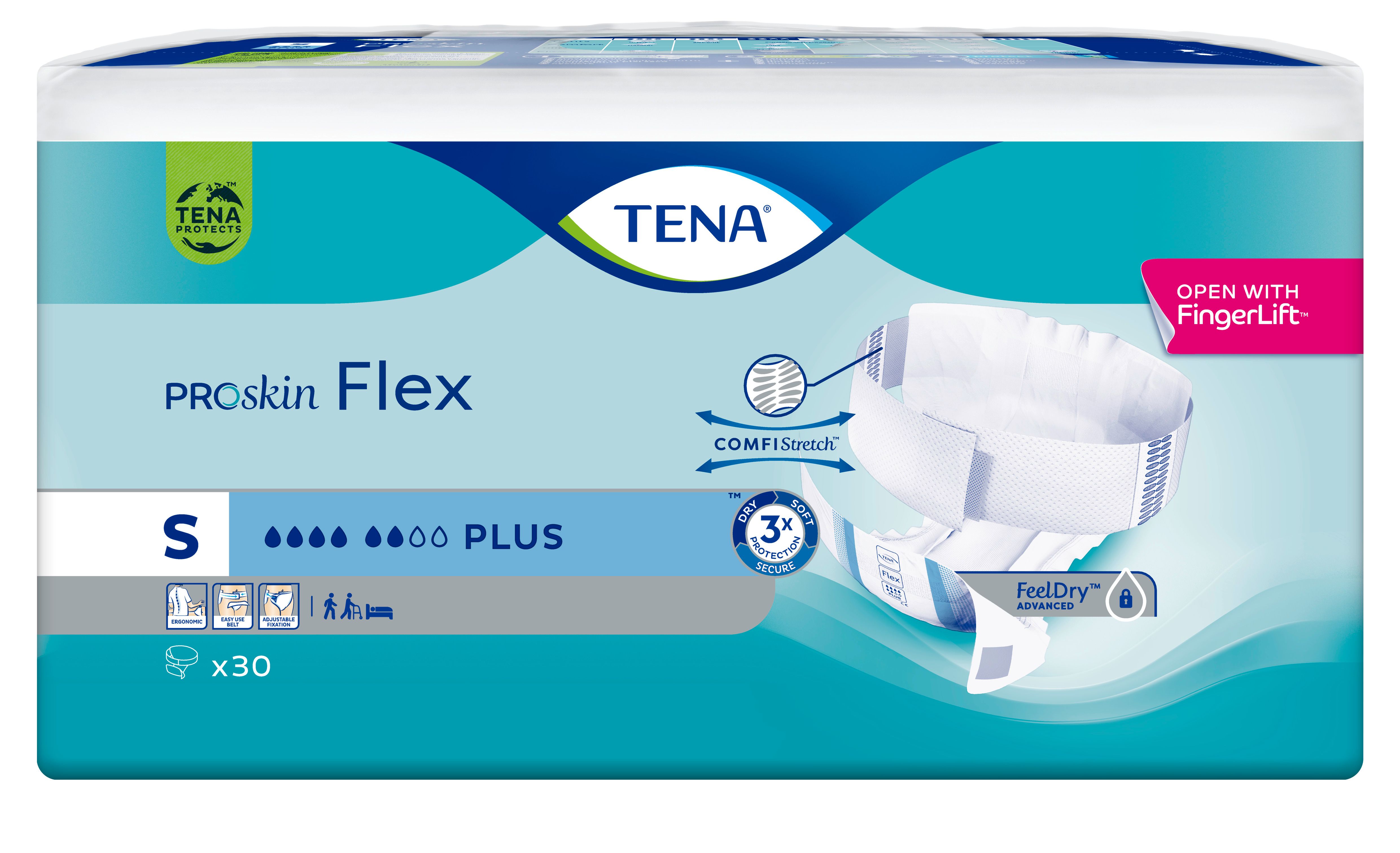 Verpackung TENA ProSkin Flex, Größe S, 30 Stück. Mit ComfiStretch und FeelDry Advanced Technologie. Mit FingerLift-Öffnung.