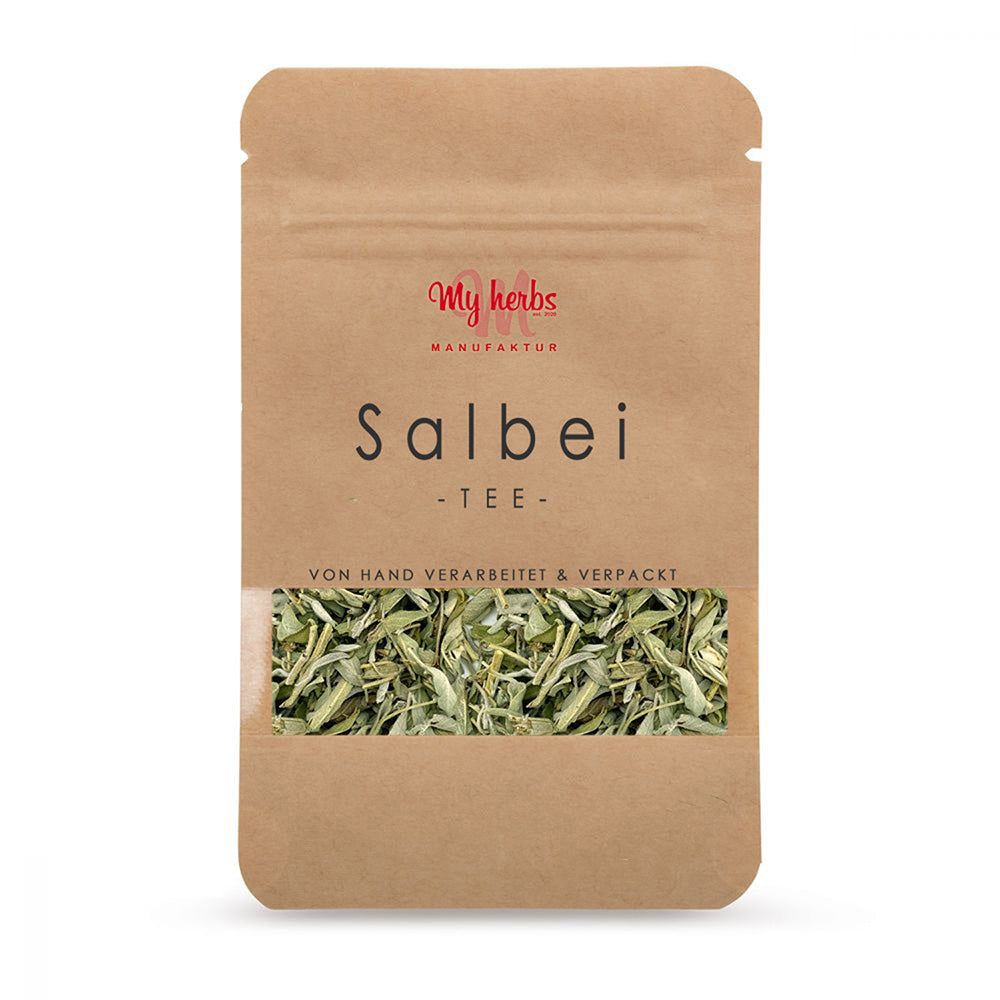 Beutel mit Salbei Tee. Sichtfenster zeigt getrocknete Blätter. Schriftzug: My herbs, Salbei Tee.