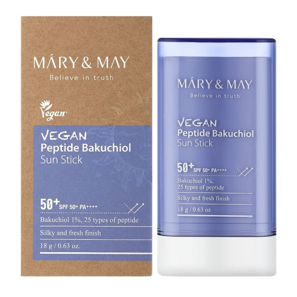 Mary&May Vegan Peptide Bakuchiol Sun Stick SPF50+ PA++++. Produkt und Kartonverpackung, 18g.