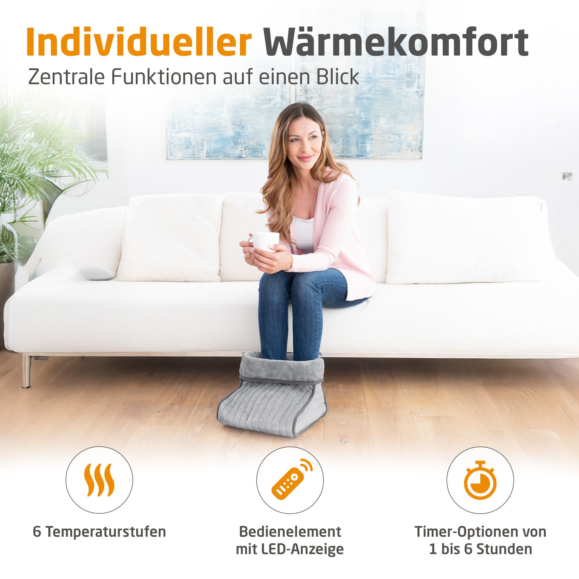 Elektrischer Fußwärmer in Grau mit 6 Temperaturstufen, LED-Anzeige und Timer.