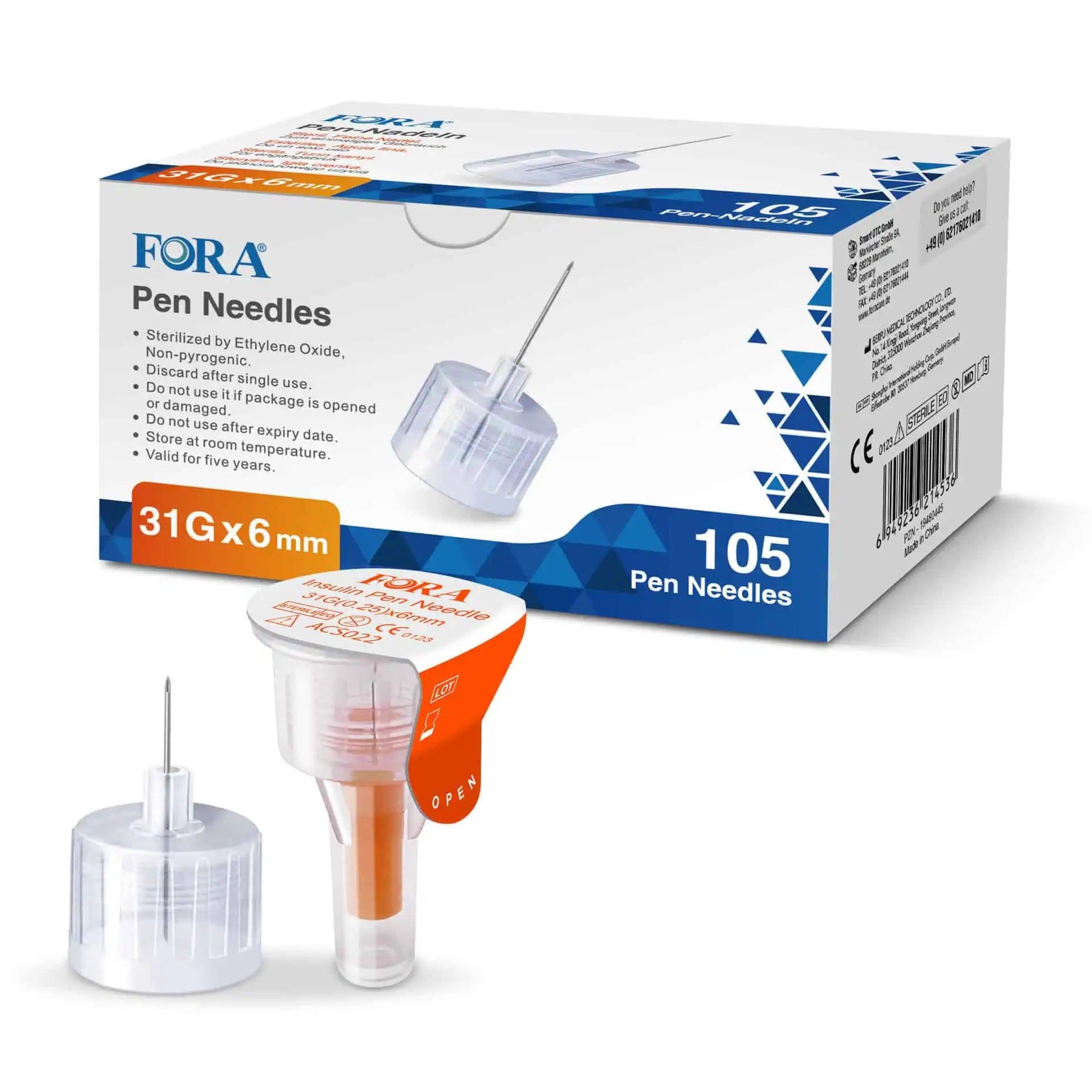 FORA Pen-Nadeln 31G x 6mm, 105 Stück. Sterilisiert, Einweg. CE-zertifiziert.